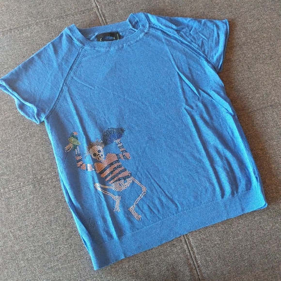 CLEARANCE!!! Zadig & Vol Rhinestone Skull Embellished Linen Short Sleeve Shirt - Picture 14 of 15